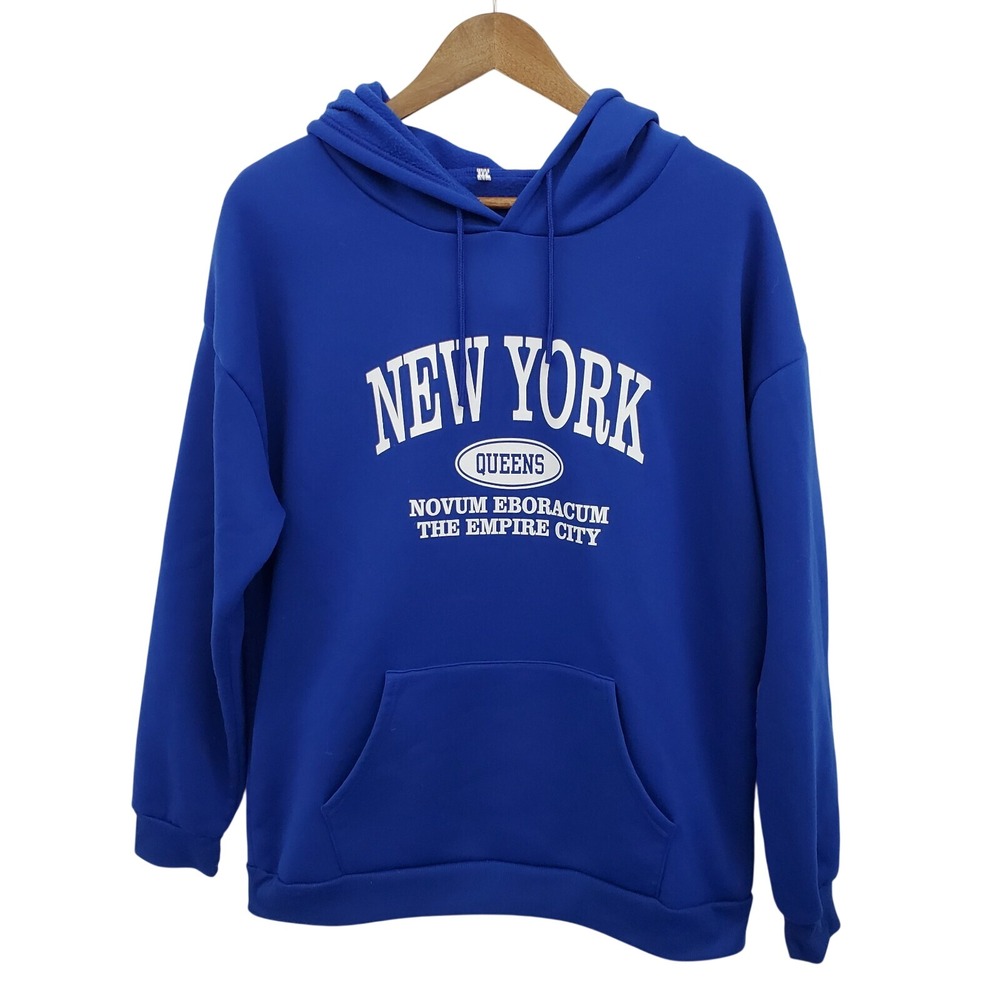 SHEIN New‎ York Graphic Thermal Hoodie Sweatshirt Size XL Blue Kangaroo Pocket